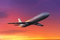 Airplane flying sunset on 3d illustrations Royalty Free Stock Photo