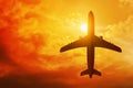 Airplane flying sunset on 3d illustrations Royalty Free Stock Photo