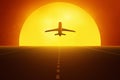 Airplane flying sunset on 3d illustrations Royalty Free Stock Photo