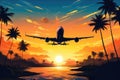 Airplane flying in the sunset over the sea illustration. Airplane flying above palm trees in clear sunset sky with sun rays, AI Royalty Free Stock Photo