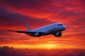 Airplane flying sunset sky bright vibrant clouds Royalty Free Stock Photo
