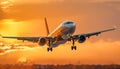 Airplane flying, sunset sky, business travel, passenger journey, engine speed generated by AI Royalty Free Stock Photo