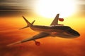 Airplane Flying sunset /sunrise 3D render Royalty Free Stock Photo
