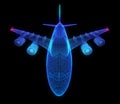 Airplane flying travel low poly. Blue business airliner tourism wireframe mesh and dots. dark structure background. 3d