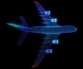 Airplane flying travel low poly. Blue business airliner tourism wireframe mesh and dots. dark structure background. 3d