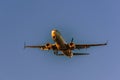 Airplane flying under the evening sky. Royalty Free Stock Photo