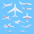 Airplane flying vector illustrations, cartoon flat air plane airline collection in top or side, front view, isometric