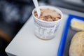 Airplane food on a gray and blue tray from above Royalty Free Stock Photo