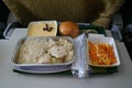 Airplane food, rice and chicken meat with carrot vegetable salad, on tray table Royalty Free Stock Photo