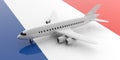 Airplane on France flag background, view from above. 3d illustration Royalty Free Stock Photo