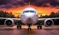 Airplane front view against sunset. Dark trees silhouette in background. Wet tarmac reflecting light Royalty Free Stock Photo