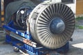 Airplane gas turbine engine detail in aviation hangar. Royalty Free Stock Photo