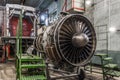 Airplane gas turbine engine detail in hangar