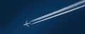 The airplane glides through a clear blue sky leaving white contrails behind. AI generated image Royalty Free Stock Photo
