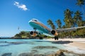 Airplane gliding over idyllic white beach with palm fronds, best summer image