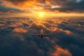 An airplane gracefully flies through the sky, high above the fluffy clouds, as the sun sets in a vibrant display of colors, Flying Royalty Free Stock Photo