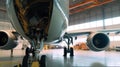 Airplane in the hangar, close-up view of the engine