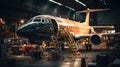 Airplane in the hangar. Modern private jet at the factory