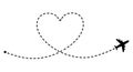 Airplane heart route with dashed line trace on white background. Love trip, honey moon travel Isolated illustration