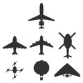 Airplane, helicopter, drone, air balloon, hang-glider vector icons set