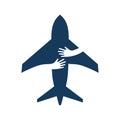 Airplane with human hands. Creative flat logo isolated. Transportation and tourism concept.
