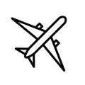 Airplane icon. Black linear plane icon. Flight transport symbol. Travel concept.