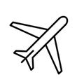 Airplane icon. Black linear plane icon. Flight transport symbol. Travel concept.