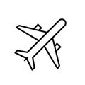 Airplane icon. Black linear plane icon. Flight transport symbol. Travel concept.