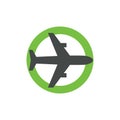 Airplane icon in green circle. Open sky logo concept, permission to fly symbol, resumption of air travel sign. Isolated