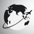 Airplane icon. The plane flies around the Earth. Flying airplane icon. Vector illustration. Royalty Free Stock Photo