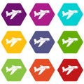 Airplane icon set color hexahedron Royalty Free Stock Photo