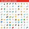 100 airplane icons set, isometric 3d style