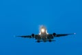 Airplane immediately after take off from airport, sky view at night Royalty Free Stock Photo