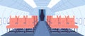 Airplane interior. Aircraft seat aisle inside cabin plane, travel aeroplane board flight empty salon with chair and