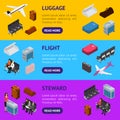 Airplane Interior Elements with People Banner Horizontal Set Isometric View. Vector Royalty Free Stock Photo