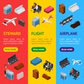 Airplane Interior Elements with People Banner Vecrtical Set Isometric View. Vector Royalty Free Stock Photo