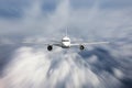 Airplane jet flying on blur motion sky background, concept aviation air transport Royalty Free Stock Photo