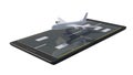 Airplane jet on the mobile phone. Online searching and buying airline tickets by smartphone. 3d render illustration