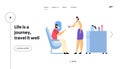 Airplane Journey, Jet Trip Website Landing Page, Cabin of Plane with Stewardess and Passenger, Mealtime in Economy Class