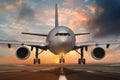 Airplane landing on airport runways during sunset