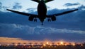 Airplane landing at dusk Royalty Free Stock Photo