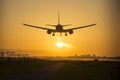 Airplane landing during dusk. Royalty Free Stock Photo