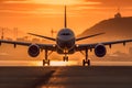 Airplane landing with gears down in sunset, Generative AI