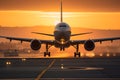 Airplane landing with gears down in sunset, Generative AI