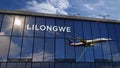Airplane landing at Lilongwe Malawi airport mirrored in terminal