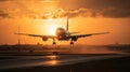 Airplane landing on runway at sunset. Passenger plane taking off from runway. Generated AI Royalty Free Stock Photo