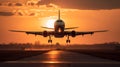 Airplane landing on runway at sunset. Passenger plane taking off from runway. Generated AI Royalty Free Stock Photo
