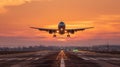 airplane landing sunset approach flight Royalty Free Stock Photo