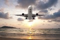 Airplane Landing in sunset Royalty Free Stock Photo