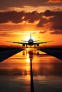 airplane landing of take of on airport runway at sunset, plane flight at orange sky background